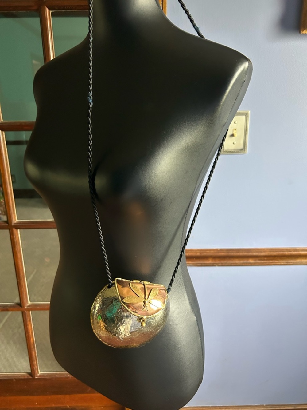 Artisan hammer Metallic Gold and silve Round Crossbody Bag with dragonfly on top